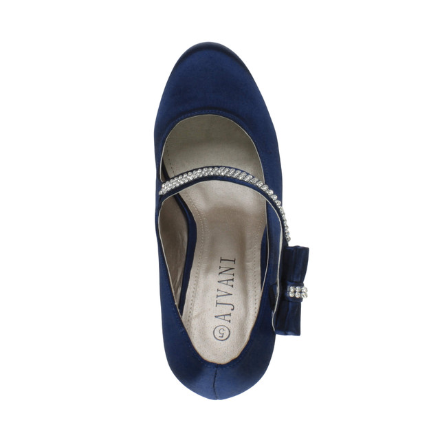 Top view of Navy Satin High Heel Mary Jane Diamante Bow Court Shoes