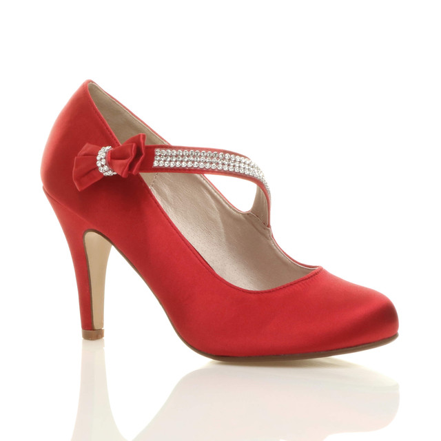 Front right side view of Red Satin High Heel Mary Jane Diamante Bow Court Shoes