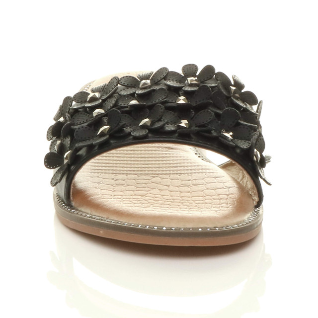 Front view of Black PU Flat Diamante Flower Studded Flip Flop Sandals