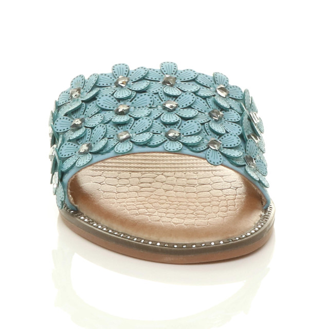 Front view of Blue PU Flat Diamante Flower Studded Flip Flop Sandals