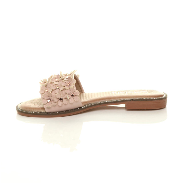 Left side view of Pink PU Flat Diamante Flower Studded Flip Flop Sandals