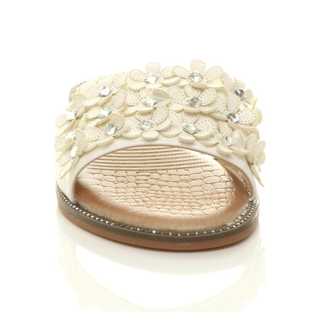 Front view of White PU Flat Diamante Flower Studded Flip Flop Sandals