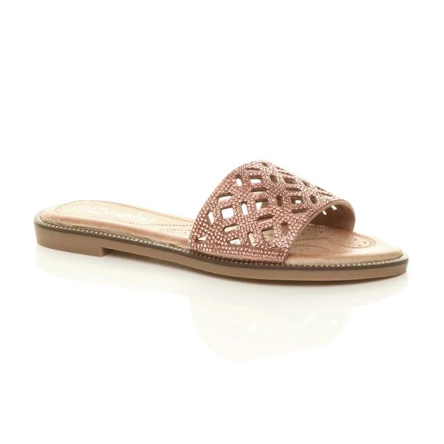 Front right side view of Rose Gold PU Flat Diamante Cut Out Flip Flop Sandals