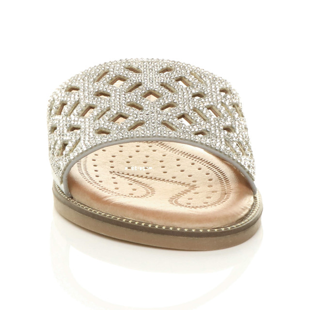 Front view of Silver PU Flat Diamante Cut Out Flip Flop Sandals