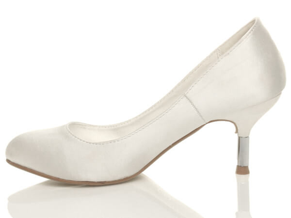 Left side view of Ivory Satin Mid Metal Heel Court Shoes