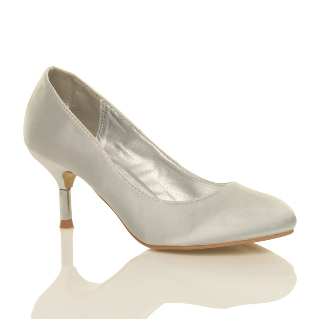 Front right side view of Silver Satin Mid Metal Heel Court Shoes