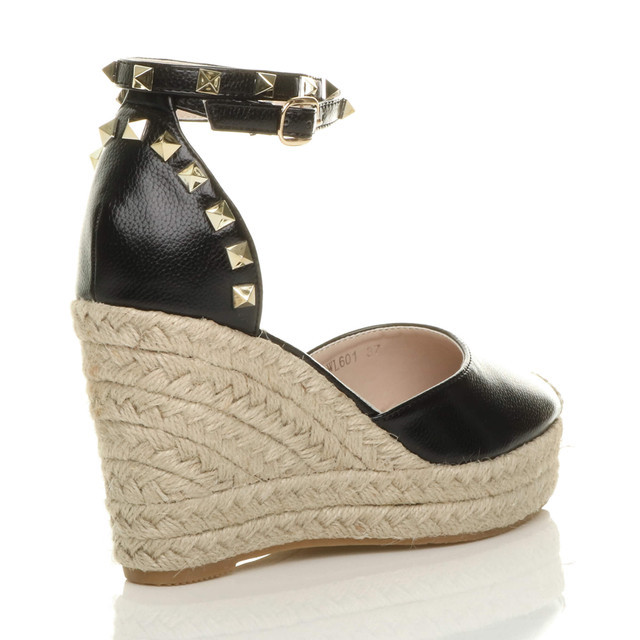 Back right side view of Black PU High Wedge Heel Studded Ankle Strap Platform Sandals Espadrilles