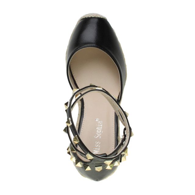 Top view of Black PU High Wedge Heel Studded Ankle Strap Platform Sandals Espadrilles