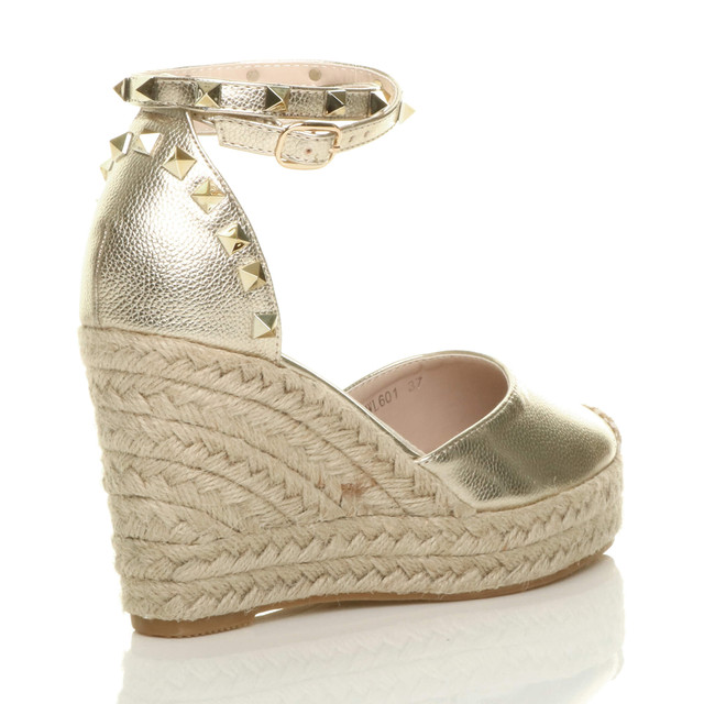 Back right side view of Gold PU High Wedge Heel Studded Ankle Strap Platform Sandals Espadrilles