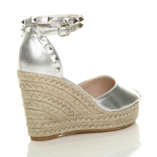Back right side view of Silver PU High Wedge Heel Studded Ankle Strap Platform Sandals Espadrilles