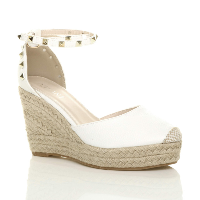 Front right side view of White PU High Wedge Heel Studded Ankle Strap Platform Sandals Espadrilles