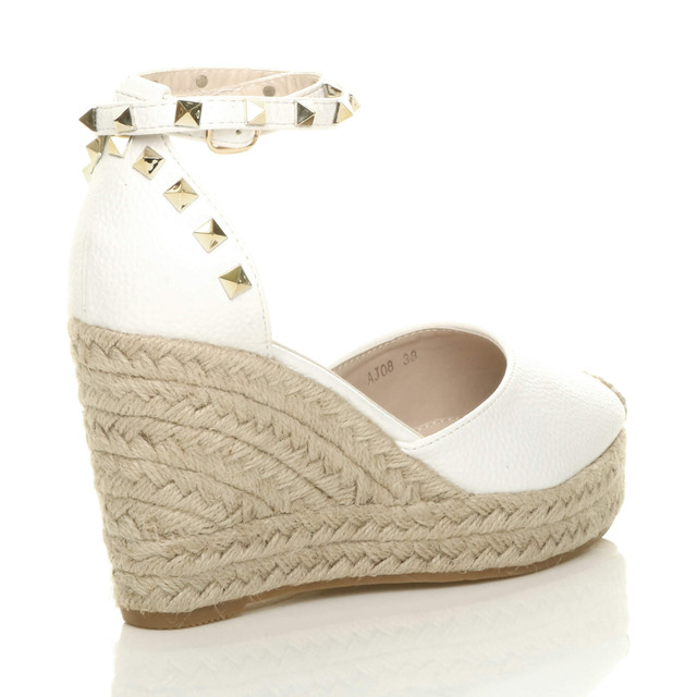 Back right side view of White PU High Wedge Heel Studded Ankle Strap Platform Sandals Espadrilles