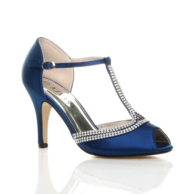 Front right side view of Blue Satin High Heel Diamante T-Bar Sandals