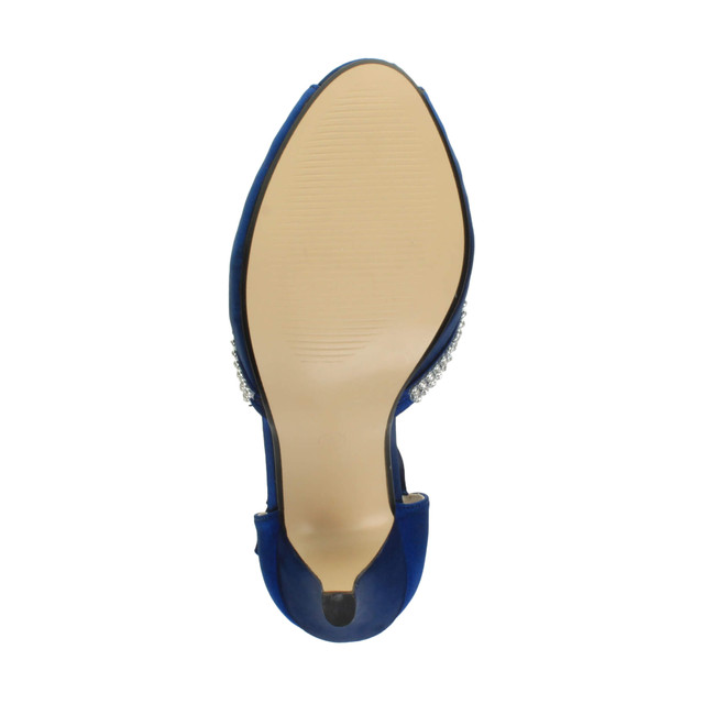 Bottom view of the sole of Blue Satin High Heel Diamante T-Bar Sandals
