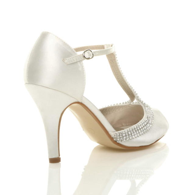 Back right side view of Ivory Satin High Heel Diamante T-Bar Sandals