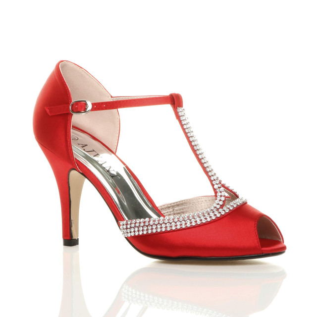 Front right side view of Red Satin High Heel Diamante T-Bar Sandals