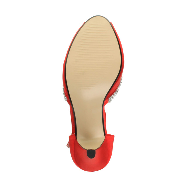 Bottom view of the sole of Red Satin High Heel Diamante T-Bar Sandals