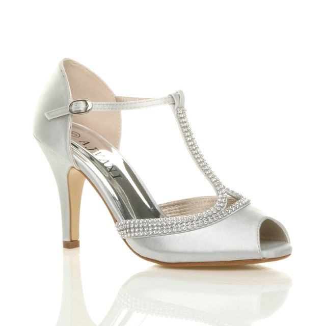 Front right side view of Silver Satin High Heel Diamante T-Bar Sandals