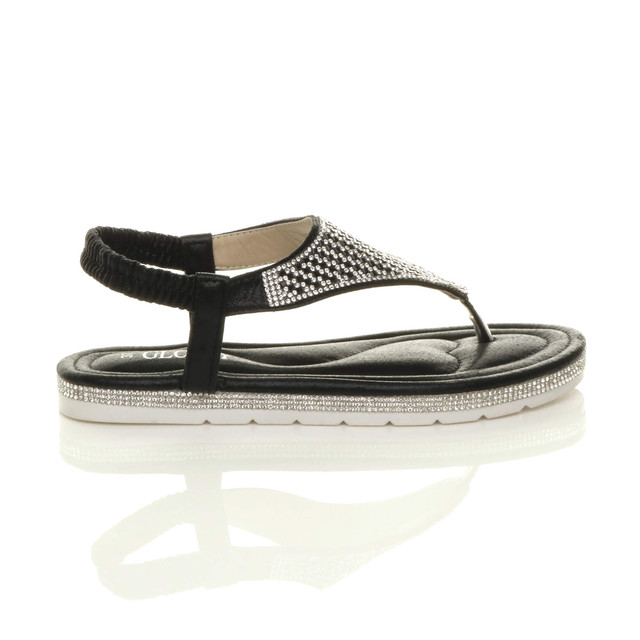 Right side view of Black Flatform Toe Post Diamante T-Bar Comfort Slingback Sandals