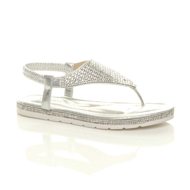 Front right side view of Silver Flatform Toe Post Diamante T-Bar Comfort Slingback Sandals