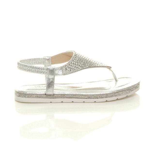 Right side view of Silver Flatform Toe Post Diamante T-Bar Comfort Slingback Sandals