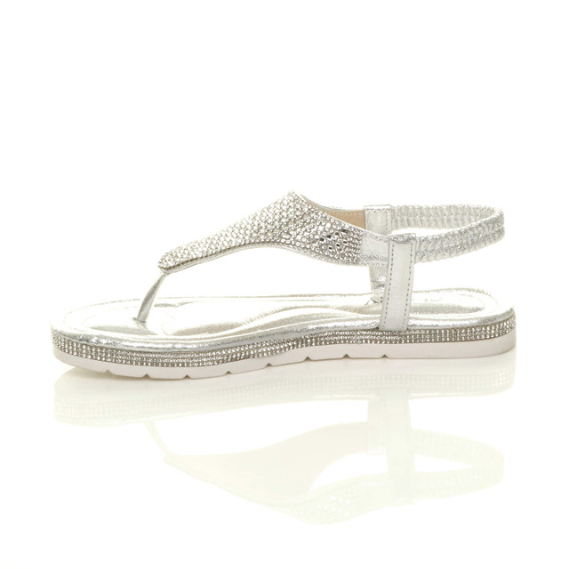 Left side view of Silver Flatform Toe Post Diamante T-Bar Comfort Slingback Sandals