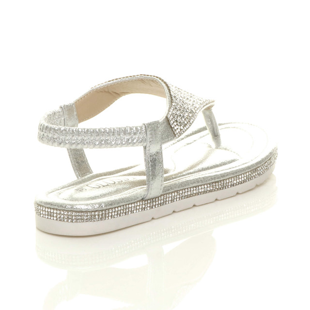Back right side view of Silver Flatform Toe Post Diamante T-Bar Comfort Slingback Sandals