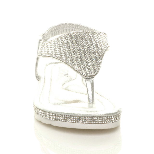 Front view of Silver Flatform Toe Post Diamante T-Bar Comfort Slingback Sandals