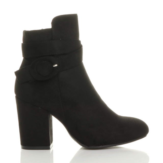 Right side view of Black Suede High Block Heel Buckle Riding Ankle Boots