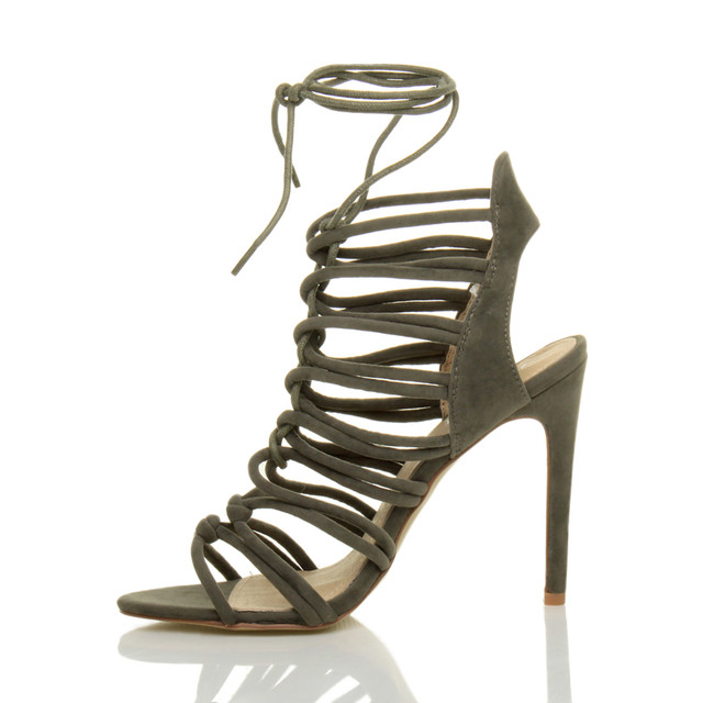 Left side view of Khaki Suede High Heel Strappy Ghillie Sandals