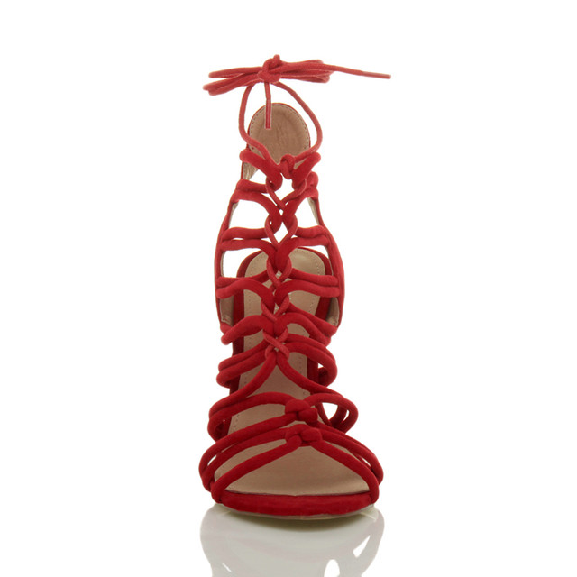 Front view of Red Suede High Heel Strappy Ghillie Sandals
