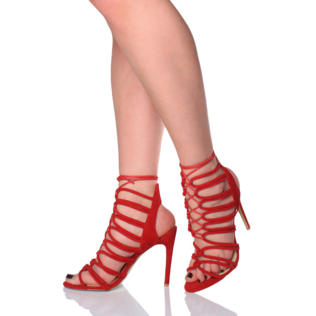 Closeup view of features of Red Suede High Heel Strappy Ghillie Sandals