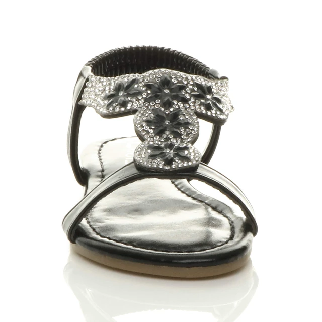 Front view of Black Infants Flat Diamante T-Bar Slingback Sandals