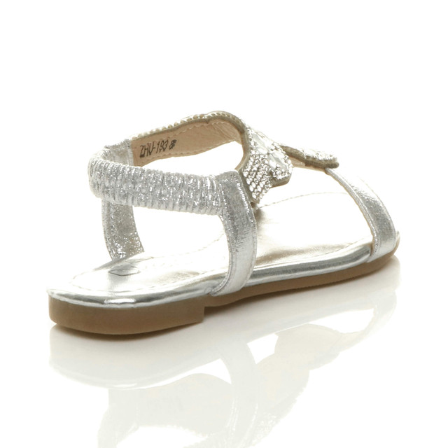 Back right side view of Silver Infants Flat Diamante T-Bar Slingback Sandals