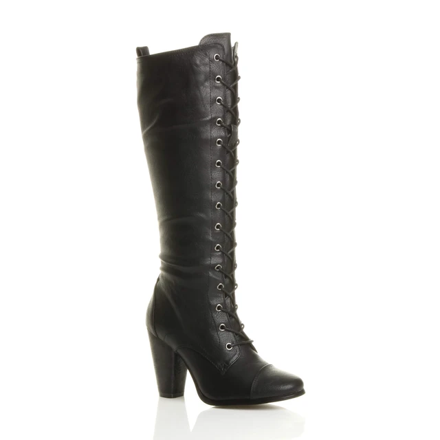 Front right side view of Black PU High Heel Biker Military Calf Boots