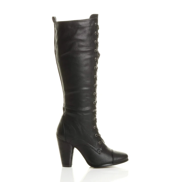 Right side view of Black PU High Heel Biker Military Calf Boots