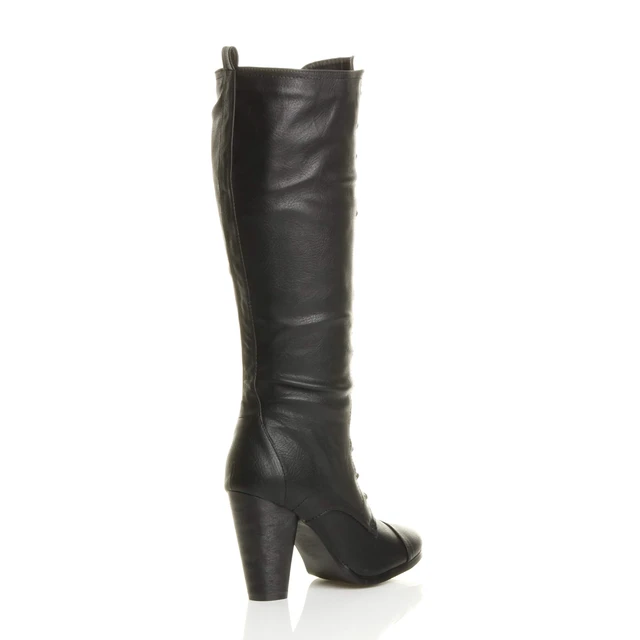 Back right side view of Black PU High Heel Biker Military Calf Boots