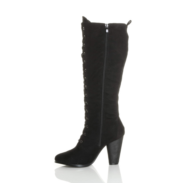 Left side view of Black Suede High Heel Biker Military Calf Boots