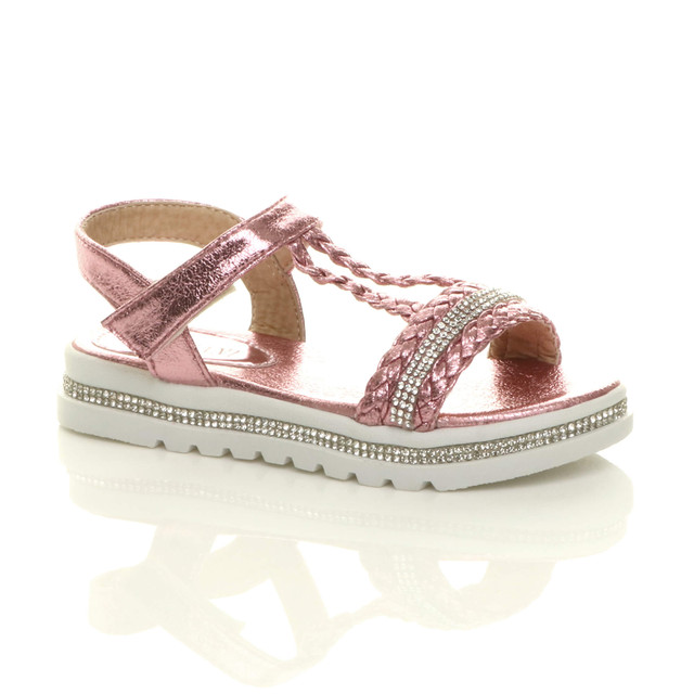 Front right side view of Pink Childrens Flatform Diamante Strappy T-Bar Slingback Sandals
