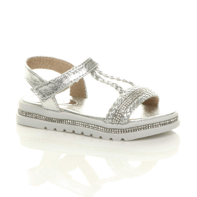 Front right side view of Silver Childrens Flatform Diamante Strappy T-Bar Slingback Sandals