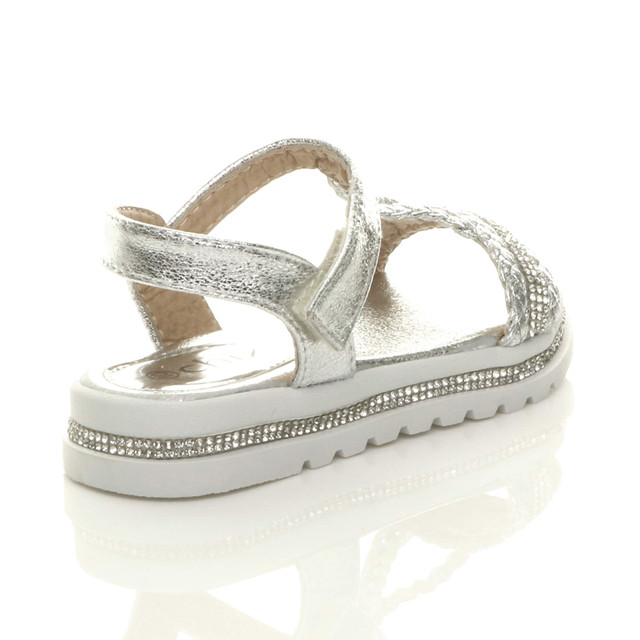 Back right side view of Silver Childrens Flatform Diamante Strappy T-Bar Slingback Sandals