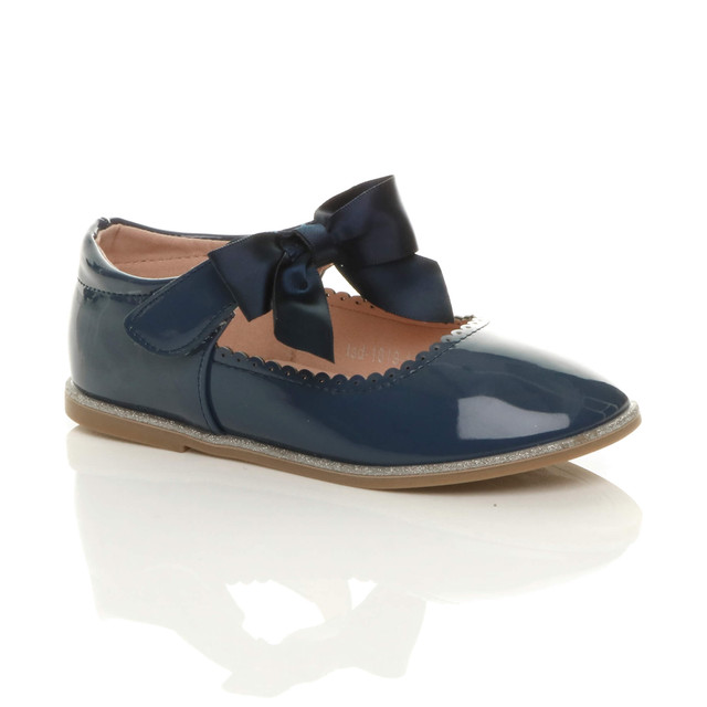 Front right side view of Navy Patent Childrens Ribbon Bow Scalloped Mary Jane Shoes