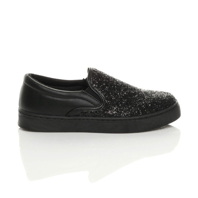Right side view of Black Glitter Flat Glitter Trainers Skate Shoes