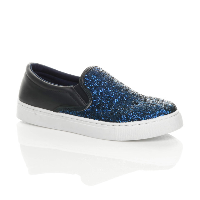 Front right side view of Navy Glitter Flat Glitter Trainers Skate Shoes