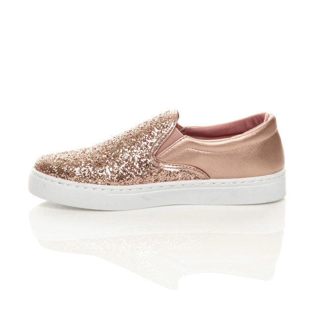 Left side view of Rose Gold Glitter Flat Glitter Trainers Skate Shoes