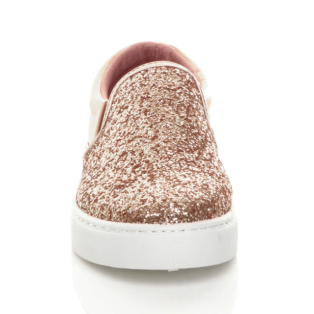Front view of Rose Gold Glitter Flat Glitter Trainers Skate Shoes