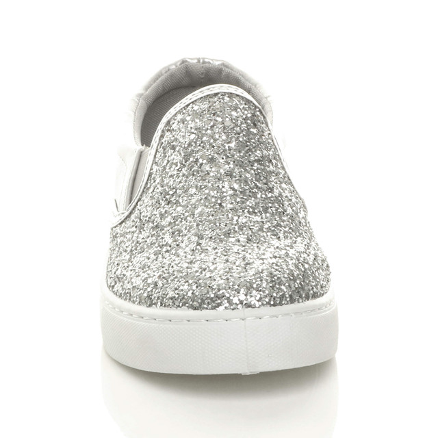 Front view of Silver Glitter Flat Glitter Trainers Skate Shoes