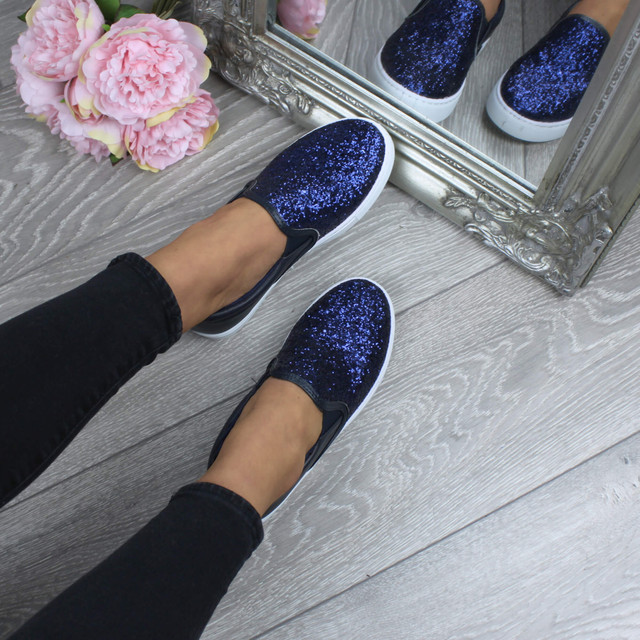 Model wearing Navy Glitter Flat Glitter Trainers Skate Shoes