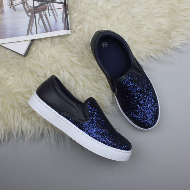 Navy Glitter Flat Glitter Trainers Skate Shoes