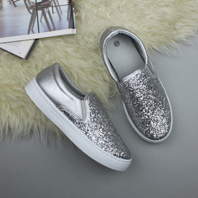 Silver Glitter Flat Glitter Trainers Skate Shoes